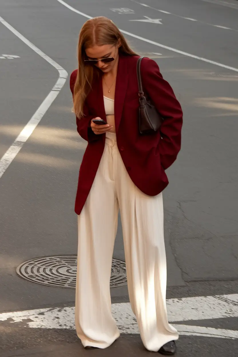 autumn outfits 2025 trends Wine-Toned Power Meets Creamy Ease