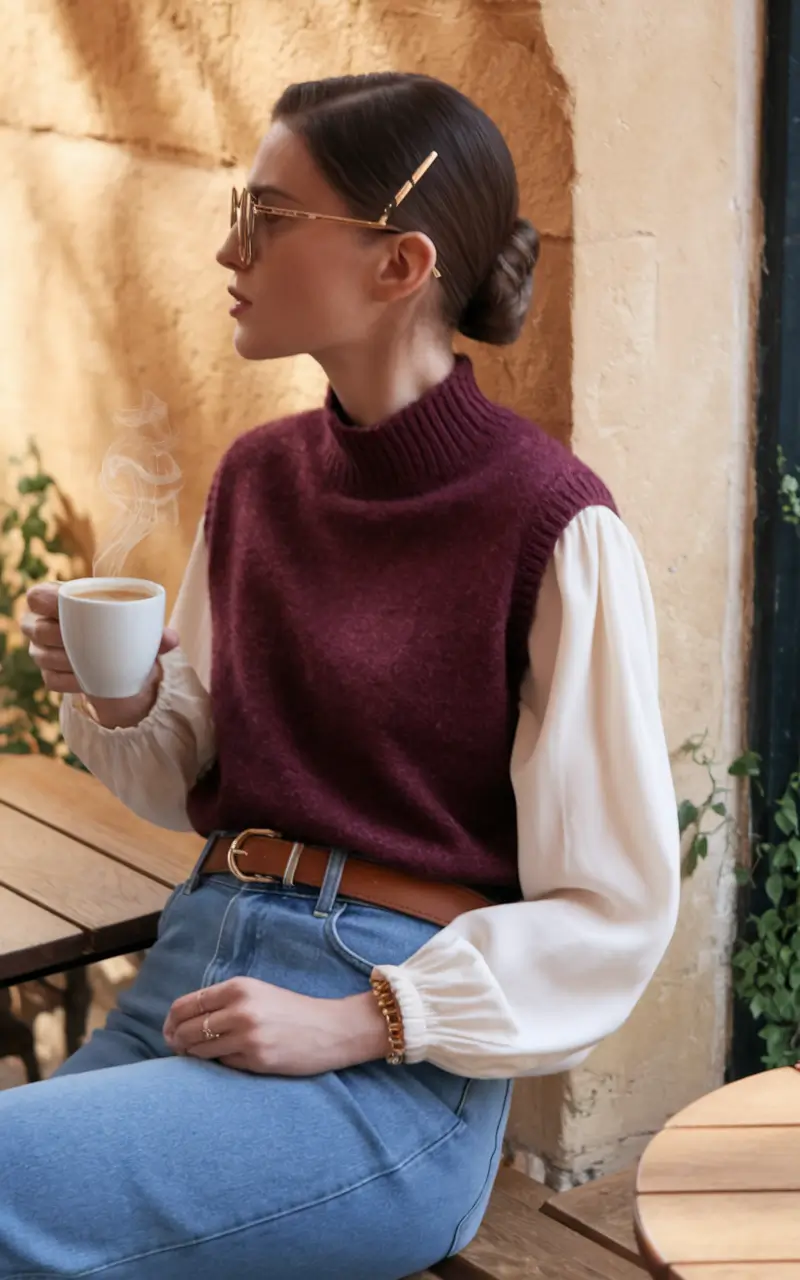 2025 Fall outfits with Old Money Style Plum Layers and Vintage Glasses