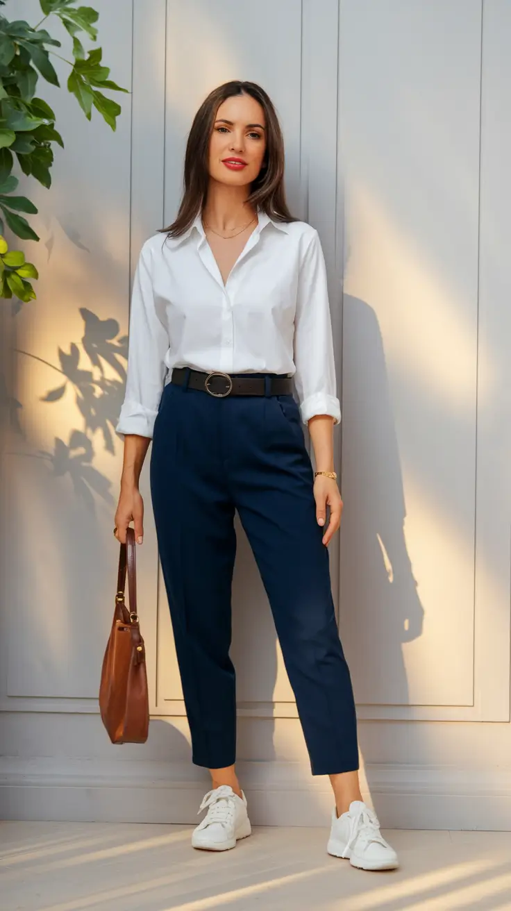 2025 Fall outfits with Old Money Style Crisp White Shirt with Navy Trousers