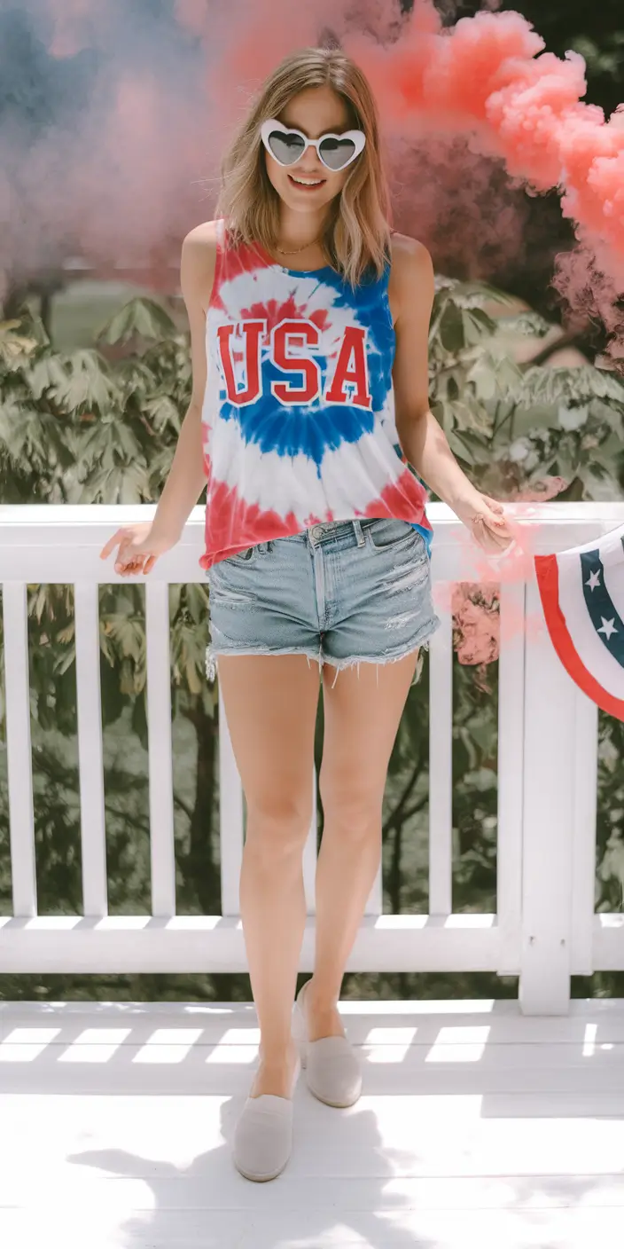 4th of July 2025 Outfits That Sparkle - Classic Cool Girl in Tie-Dye and Jean Shorts