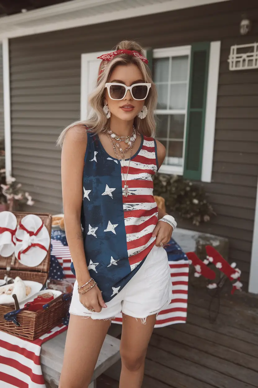 4th of July 2025 Outfits That Sparkle - Vintage Flag Tank with Bold Accessories