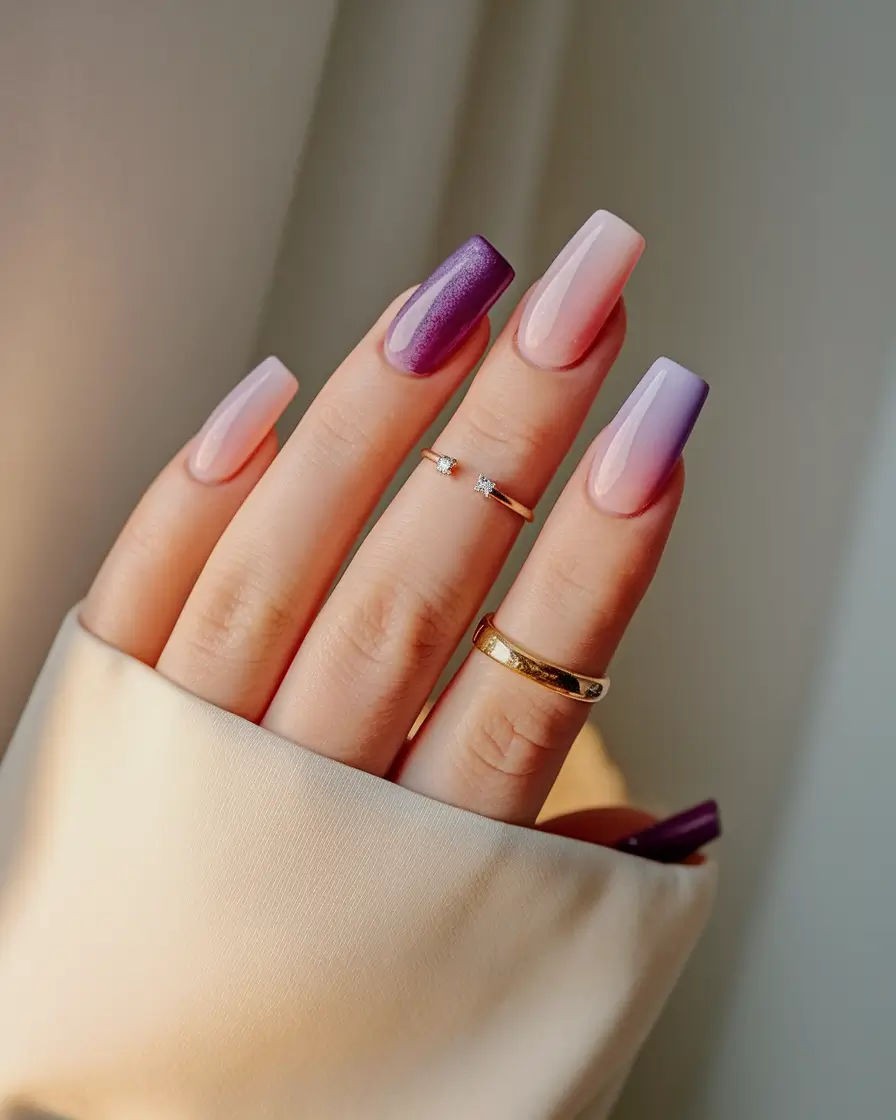 August Nail Colors Inspo 2025 Rosy-to-Violet Ombré Siren
