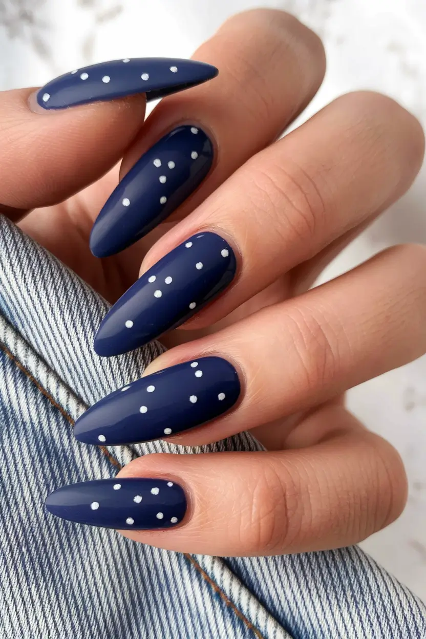 August Nail Colors Inspo 2025 Indigo Night-Sky Dots