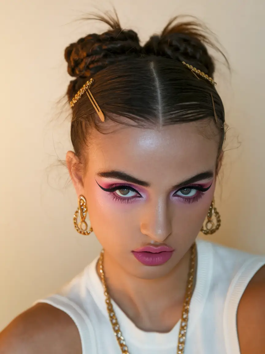 back to school hairstyles 2025 Double Buns with Gold Clip Drama