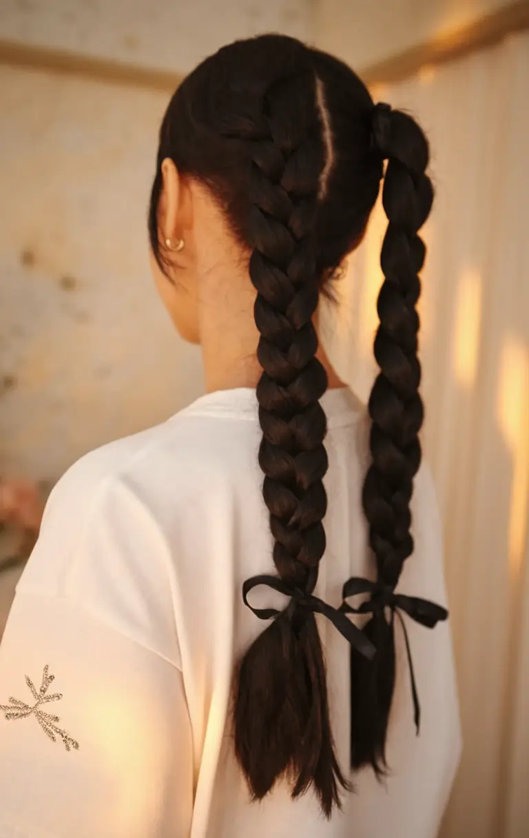 back to school hairstyles 2025 Classic Ribbon Braids with a Twist