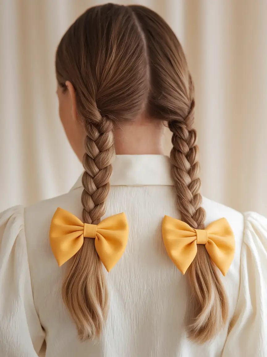 back to school hairstyles 2025 Golden Twin Braids with Statement Bows
