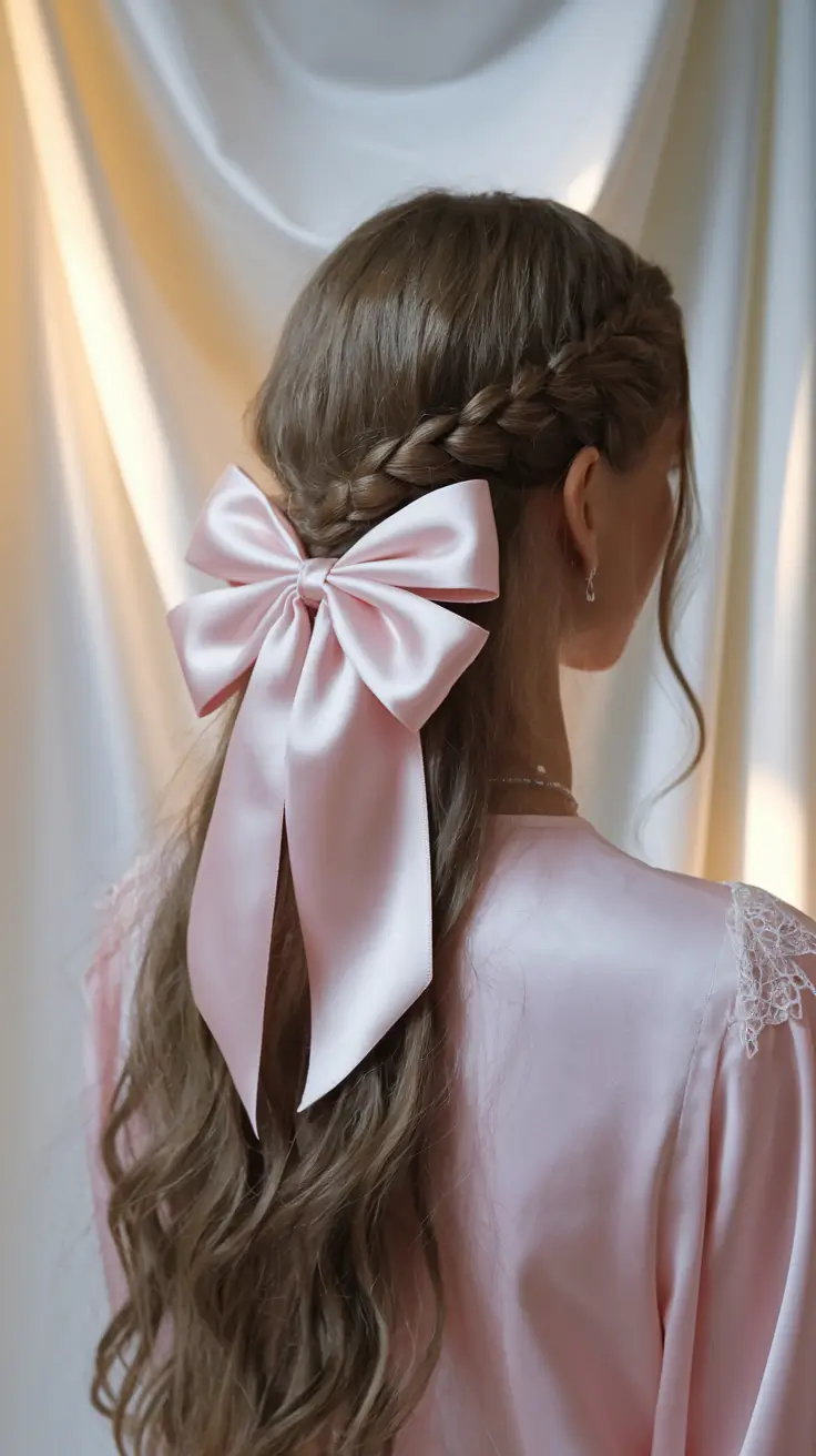 back to school hairstyles 2025 Princess-Style Braid Crown with Pink Ribbon