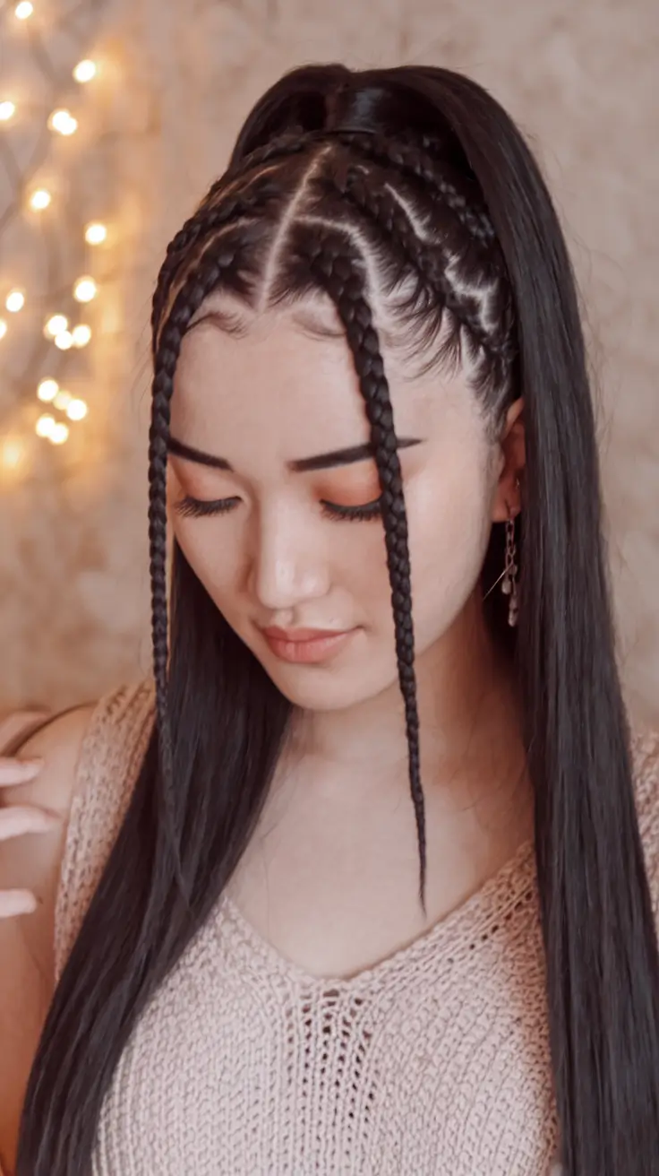 back to school hairstyles 2025 Sharp Cornrow-Inspired Ponytail