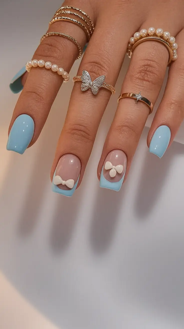 back to school nails 2025 Baby Blue Bows and Glossy Tips