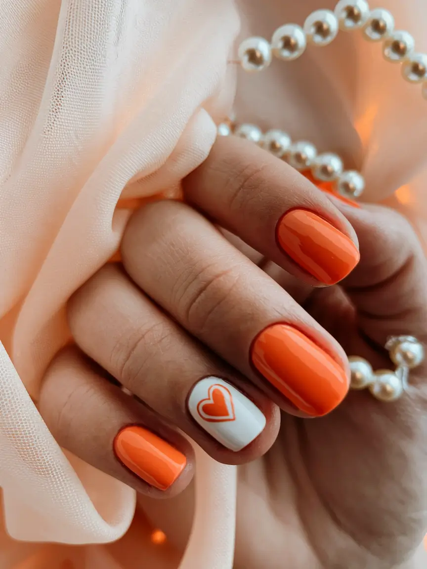 back to school nails 2025 Orange Crush with a Heart Accent