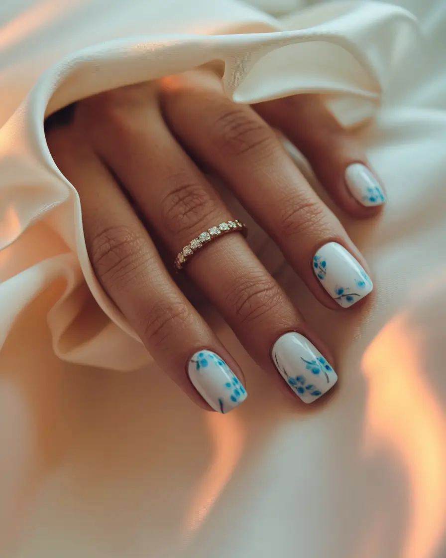 back to school nails 2025 White with Delicate Blue Florals