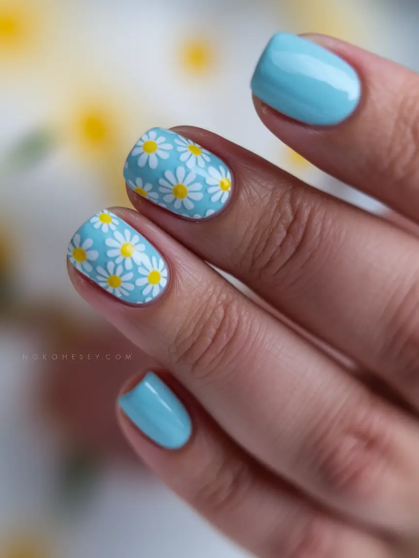 back to school nails 2025 Daisy Fields on Sky Blue