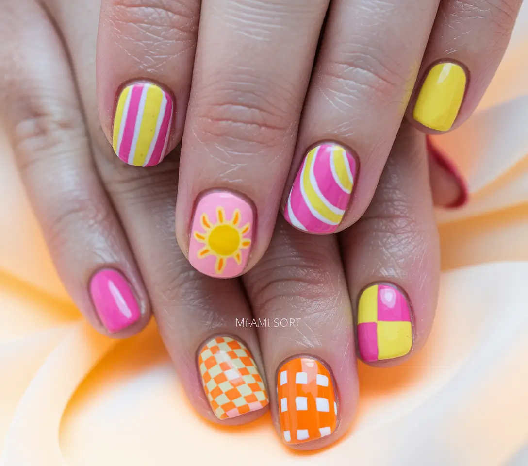 back to school nails 2025 Checkerboard Fun and Sunshine Energy