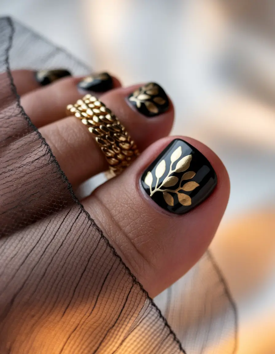 Beach Toe Nails That Shine in 2025 Black & Gold Botanical Drama