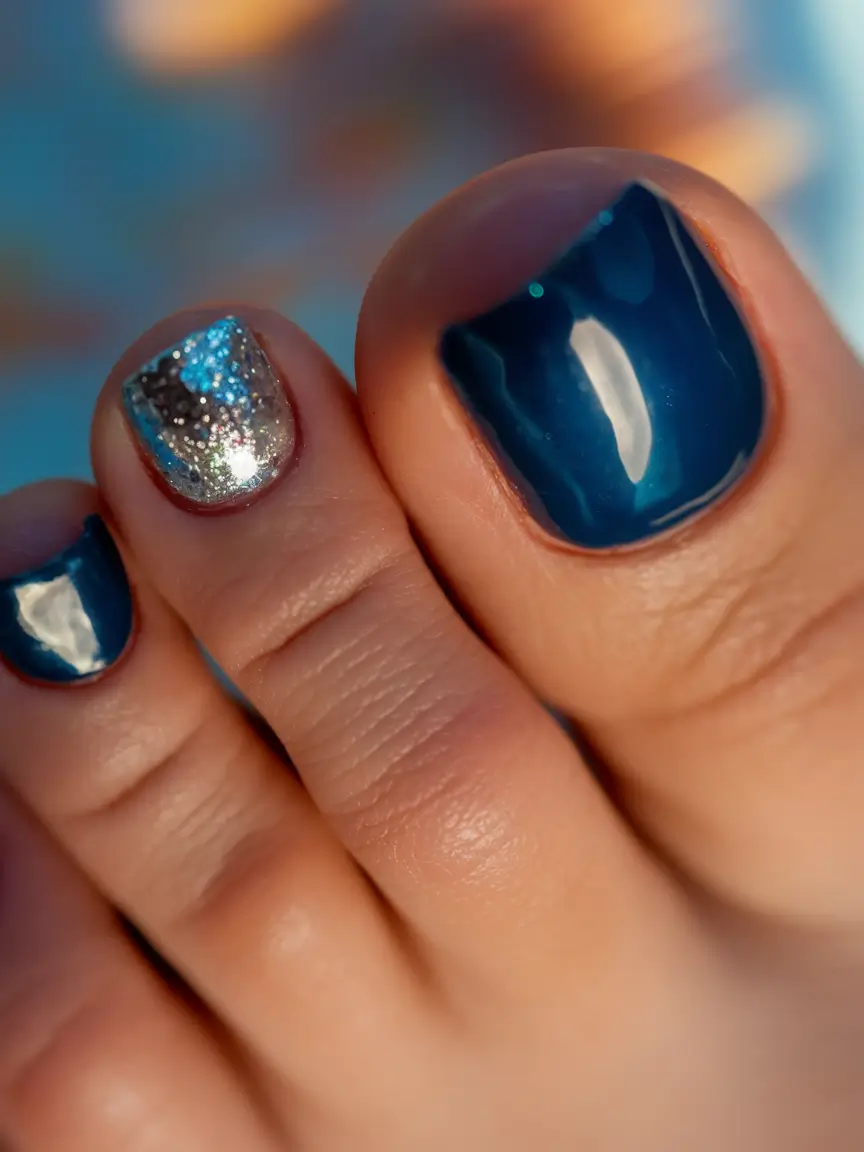Beach Toe Nails That Shine in 2025 Midnight Poolside Chic