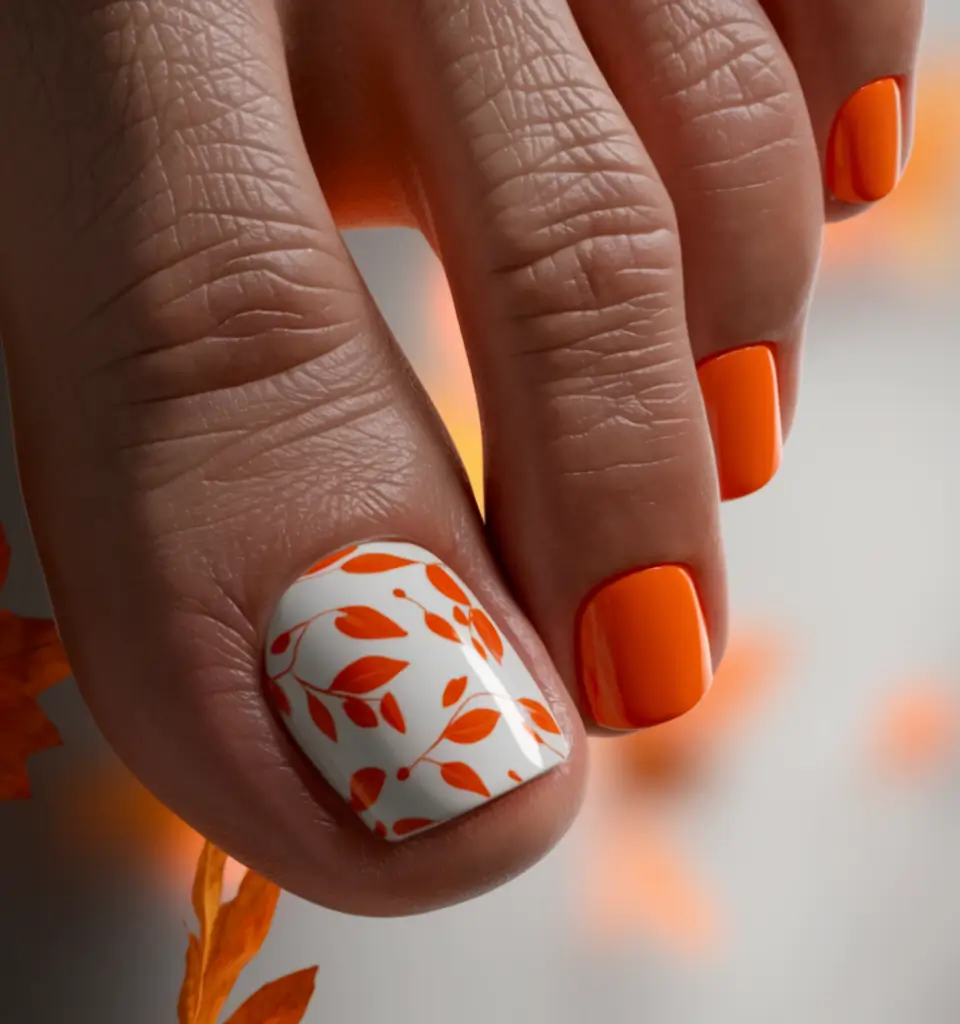Beach Toe Nails That Shine in 2025 Bold Orange & Leaf Accent