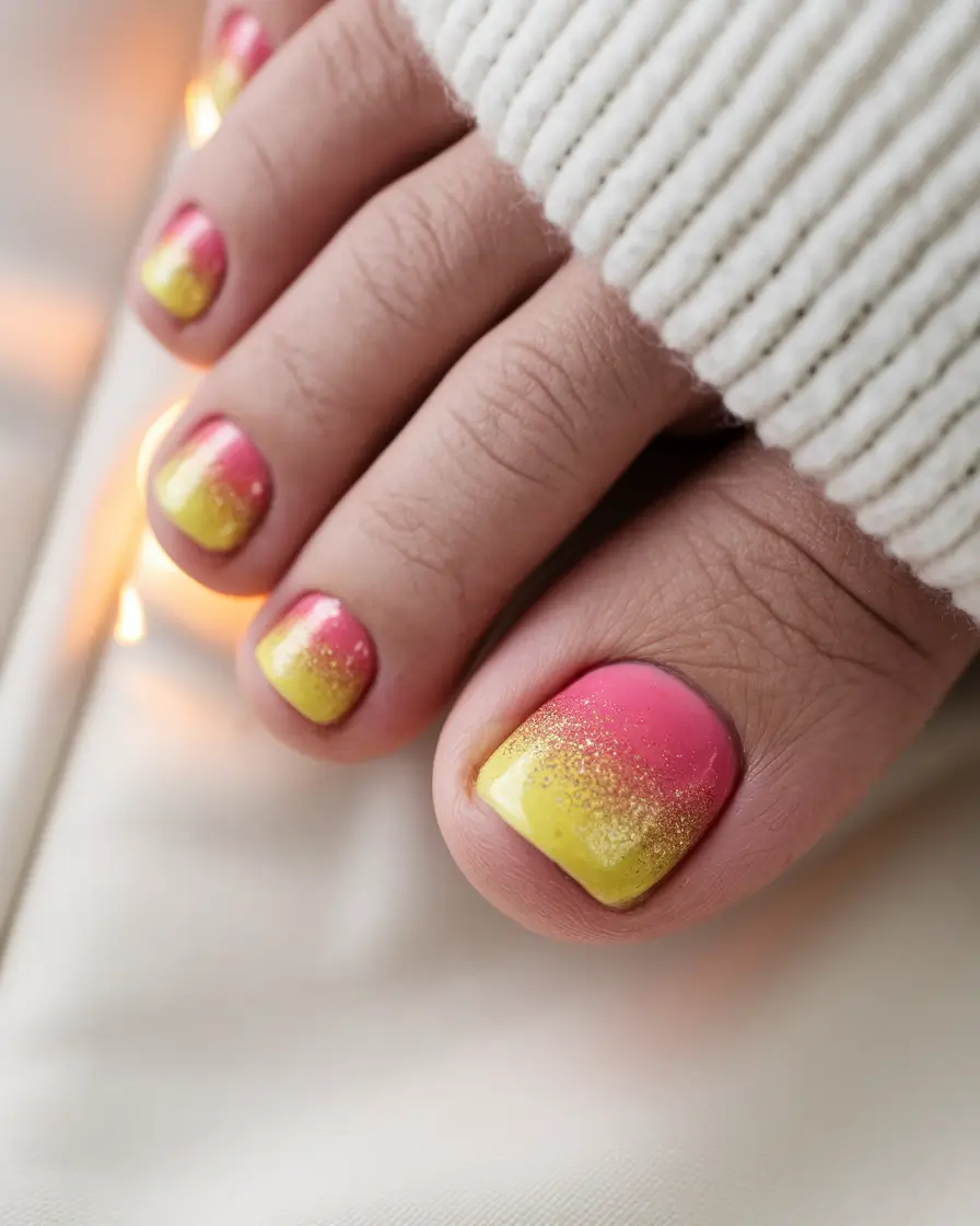 Beach Toe Nails That Shine in 2025 Sunset Ombre Sparkle