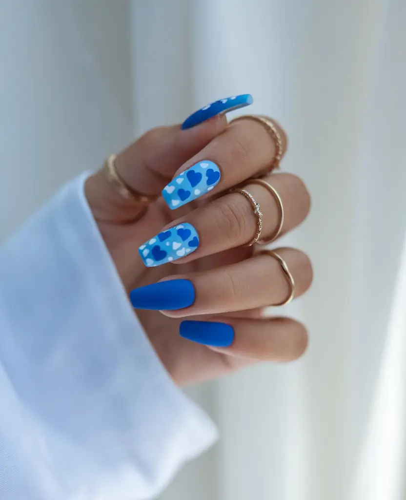 Best July Nail Colors for 2025 Playful Blue Hearts in Matte Finish