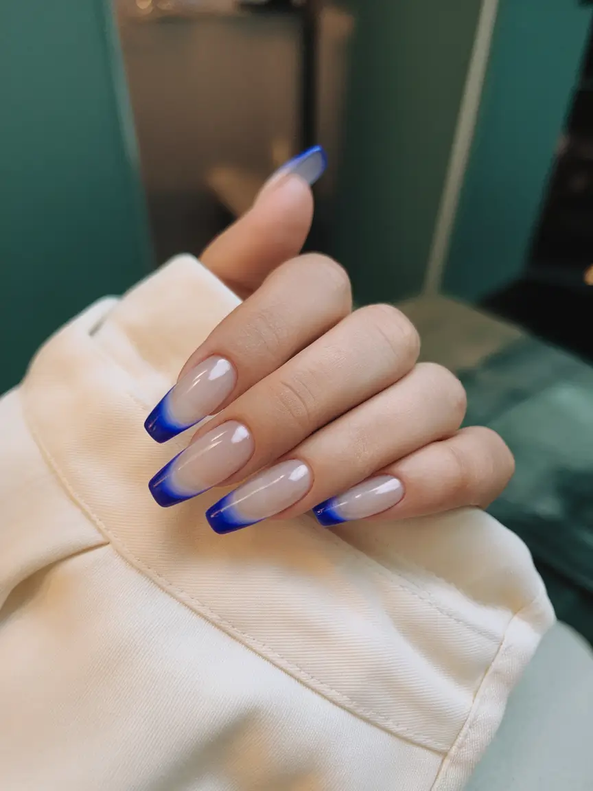 Best July Nail Colors for 2025 Electric Blue French Fade