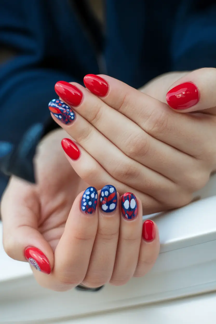 Best July Nail Colors for 2025 Bold Red & Blue Dots With a Twist