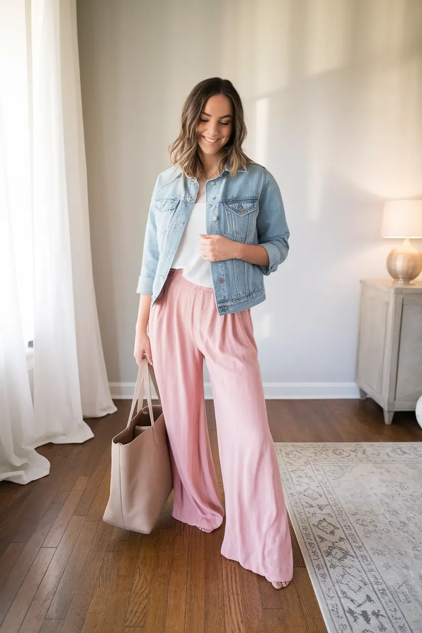 Casual and Simple outfits Inspirations for Fall 2025 - Pastel Lounge Pants & Denim-Jacket Hug