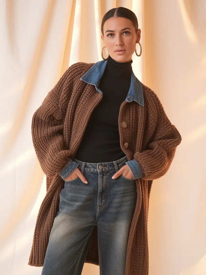 Casual and Simple outfits Inspirations for Fall 2025 - Chunky Knit Coat & Denim-Collar Twist