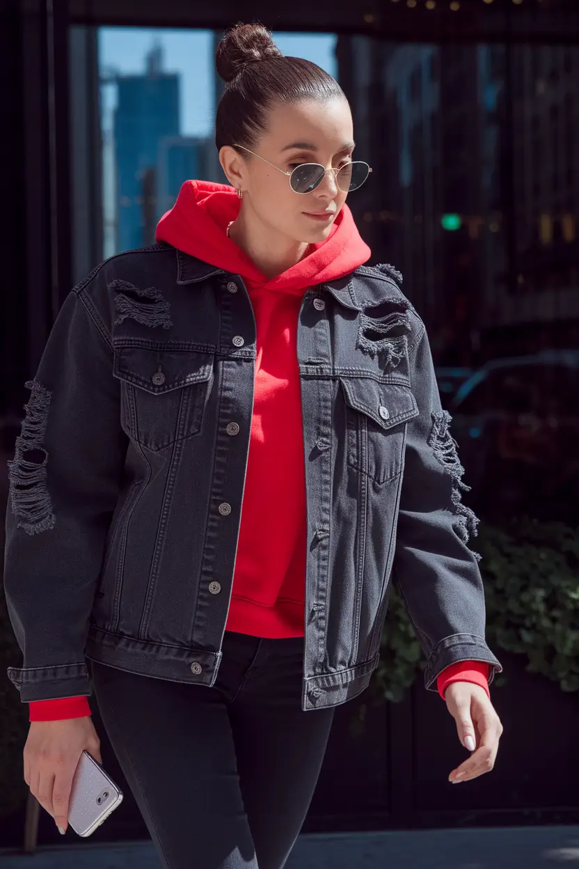 Casual and Simple outfits Inspirations for Fall 2025 - Distressed Denim Jacket & Scarlet Hoodie Pulse