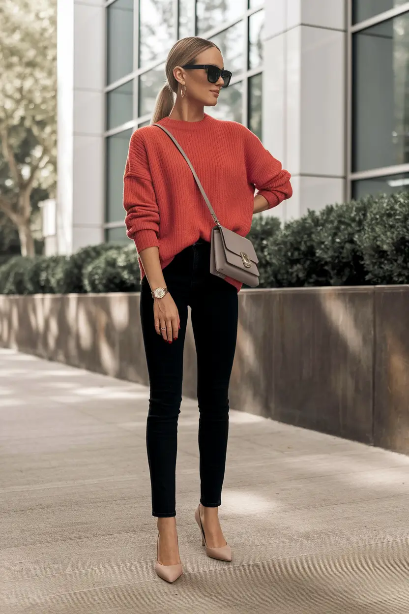Casual and Simple outfits Inspirations for Fall 2025 - Tomato Knit & Jet-Black Skinnies Sprint