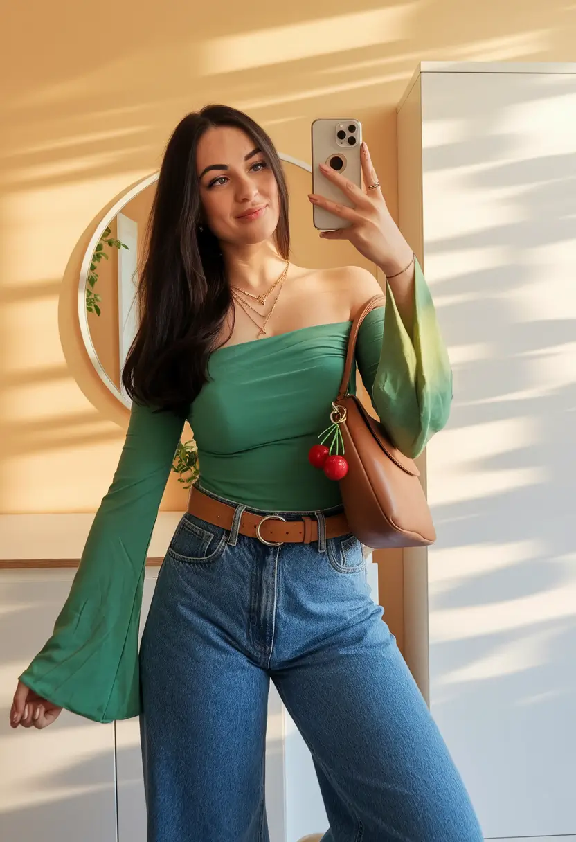 Casual and Simple outfits Inspirations for Fall 2025 - Emerald Bardot & Wide-Leg Denim Flirt