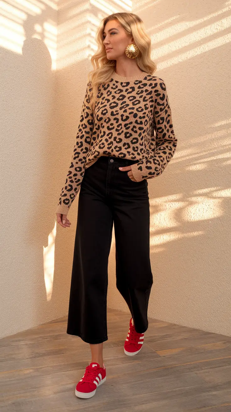 Casual and Simple outfits Inspirations for Fall 2025 - Leopard Knit & Scarlet Sneaker Pop