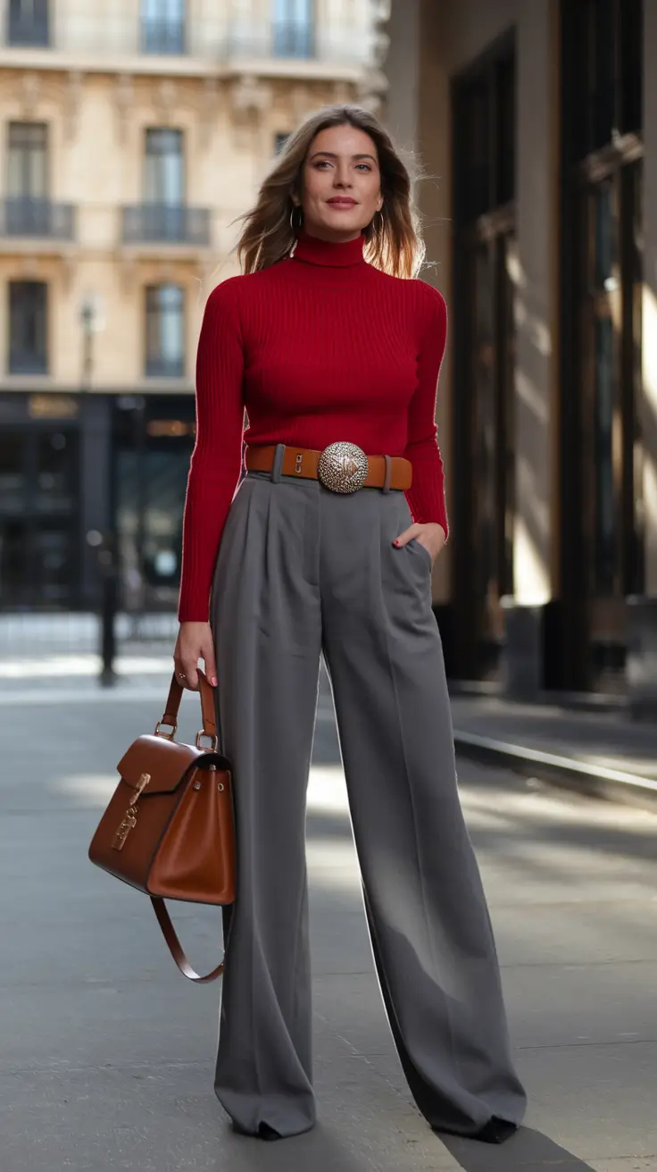 Casual and Simple outfits Inspirations for Fall 2025 - Crimson Turtleneck Meets Tailored Gray Drapes