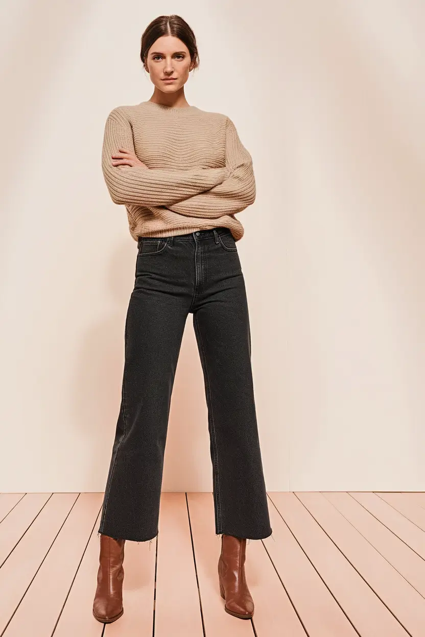 Casual and Simple outfits Inspirations for Fall 2025 - Soft Camel Sweater & Cropped Black Denim