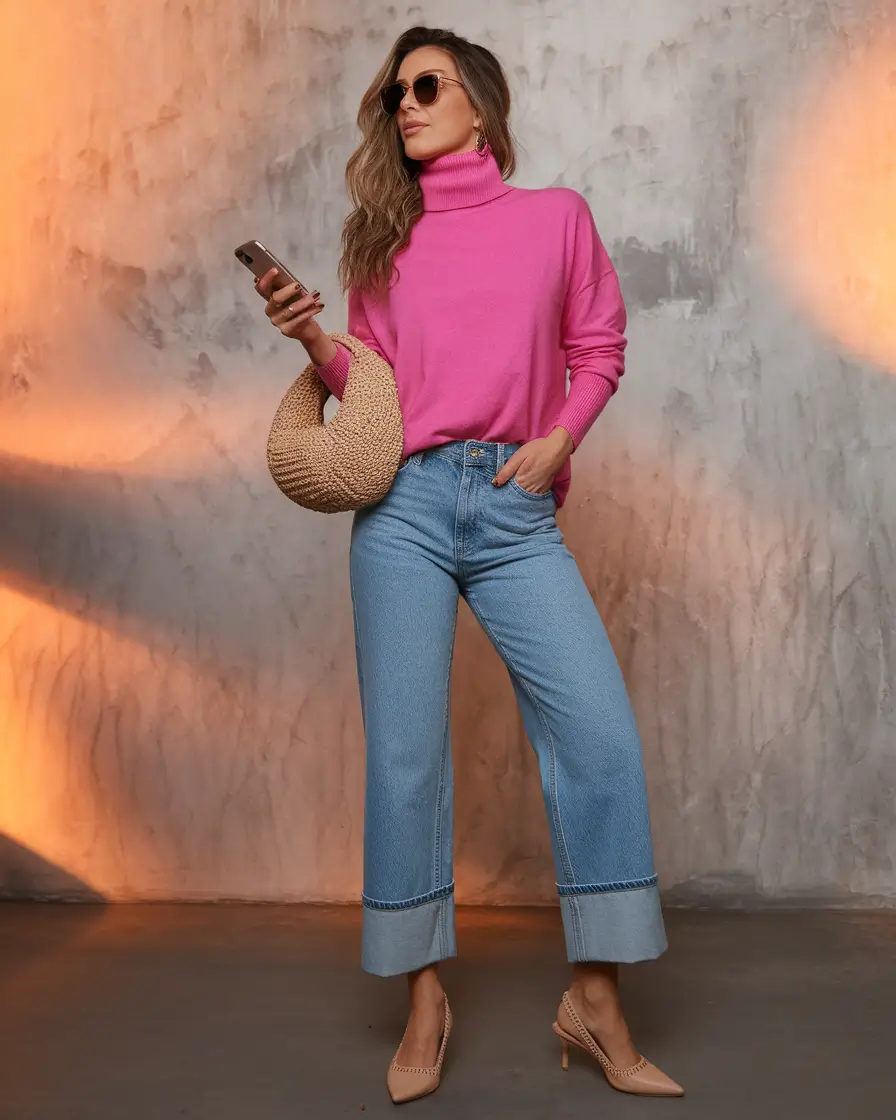 Casual and Simple outfits Inspirations for Fall 2025 - Bubble-Gum Turtleneck & Cuffed Denim Cheer