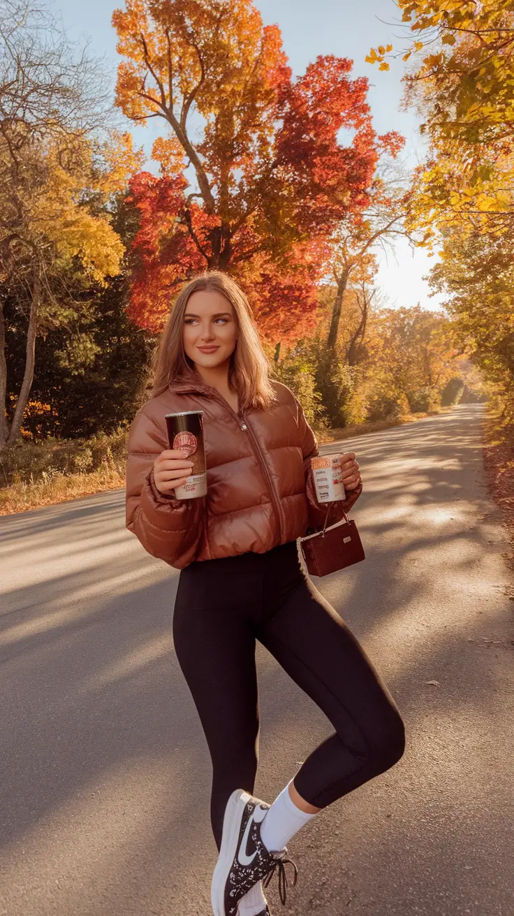 Casual and Simple outfits Inspirations for Fall 2025 - Nutmeg Puffer & Leaf-Crunch Leggings