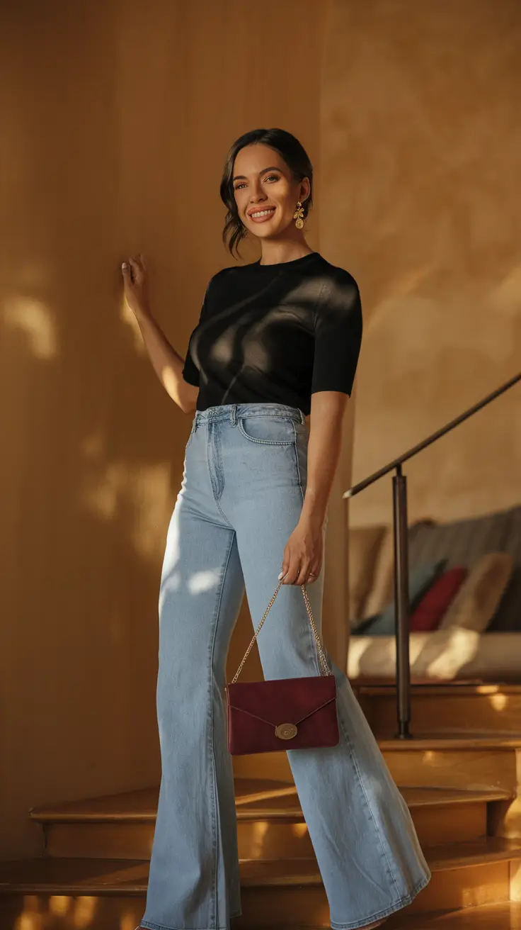Easy fall outfits for busy moms – ideas for 2025 Polished but Playful in a Black Knit and Flares