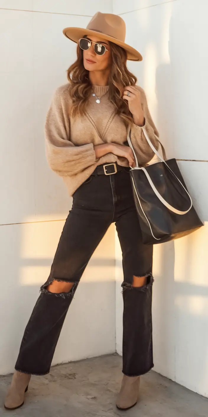 Easy fall outfits for busy moms – ideas for 2025 Fall Hat Energy with Ripped Denim Confidence