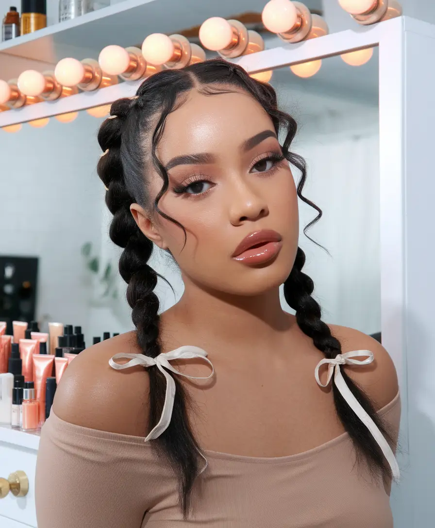 end of summer hairstyles ideas 2025+Playful Double Braids with Face-Framing Curls