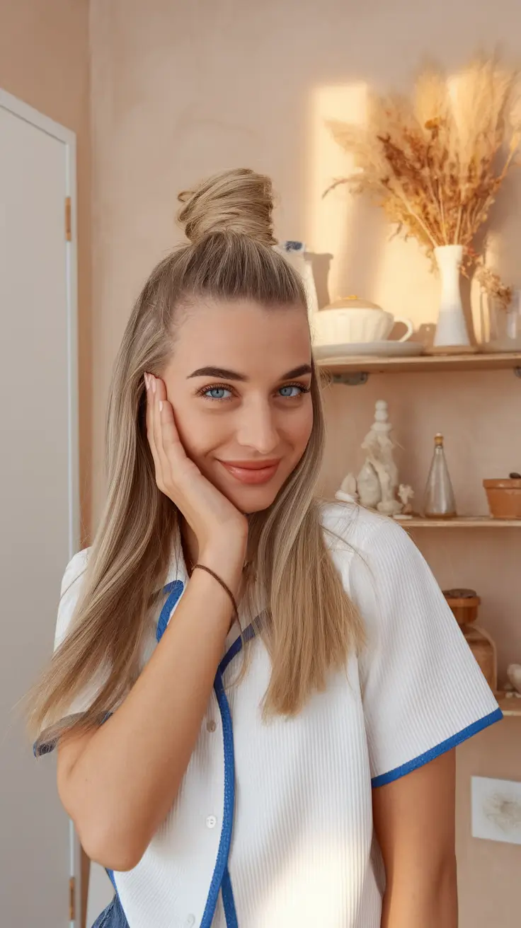 end of summer hairstyles ideas 2025+Half-Up Top Knot with Shoulder-Length Hair