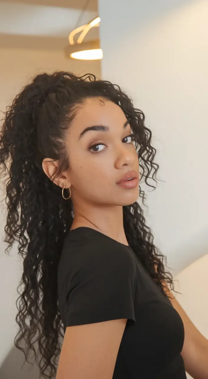 end of summer hairstyles ideas 2025+Curly Ponytail with Lift and Volume