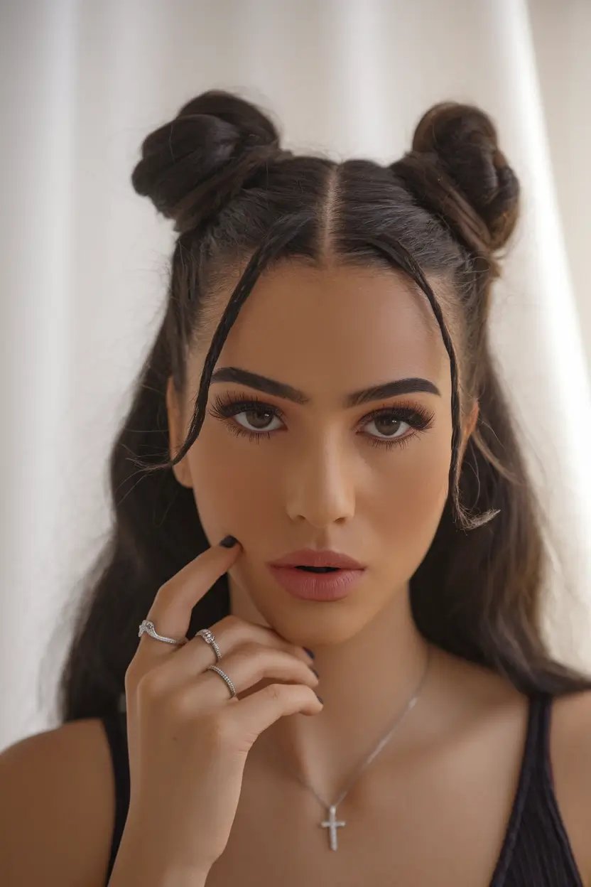 end of summer hairstyles ideas 2025+Double Buns with Curtain Tendrils