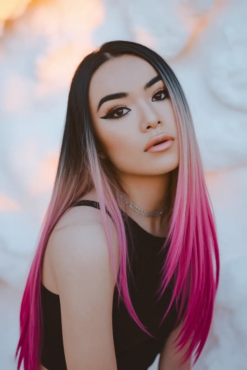 end of summer hairstyles ideas 2025+Graphic Dip-Dye with Sleek Length