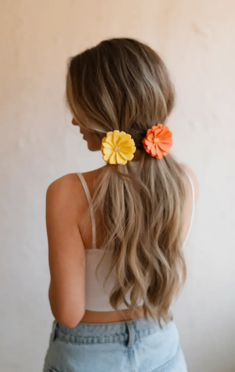 end of summer hairstyles ideas 2025+Double Floral Ties on Loose Curls