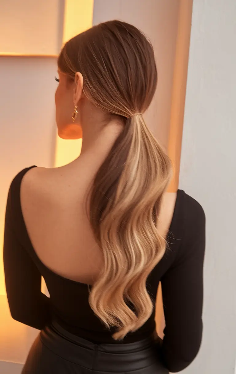 end of summer hairstyles ideas 2025+Sleek Mid-Low Ponytail with Two-Tone Waves