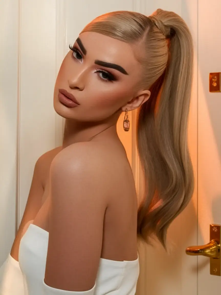 end of summer hairstyles ideas 2025+Slick-Back High Ponytail with Braid Wrap
