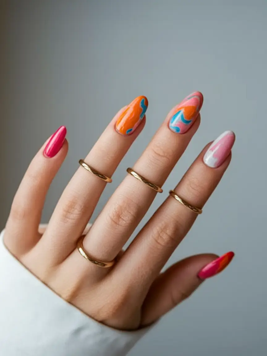 end of summer nails ideas 2025 Swirled Sunset with a Retro Kick
