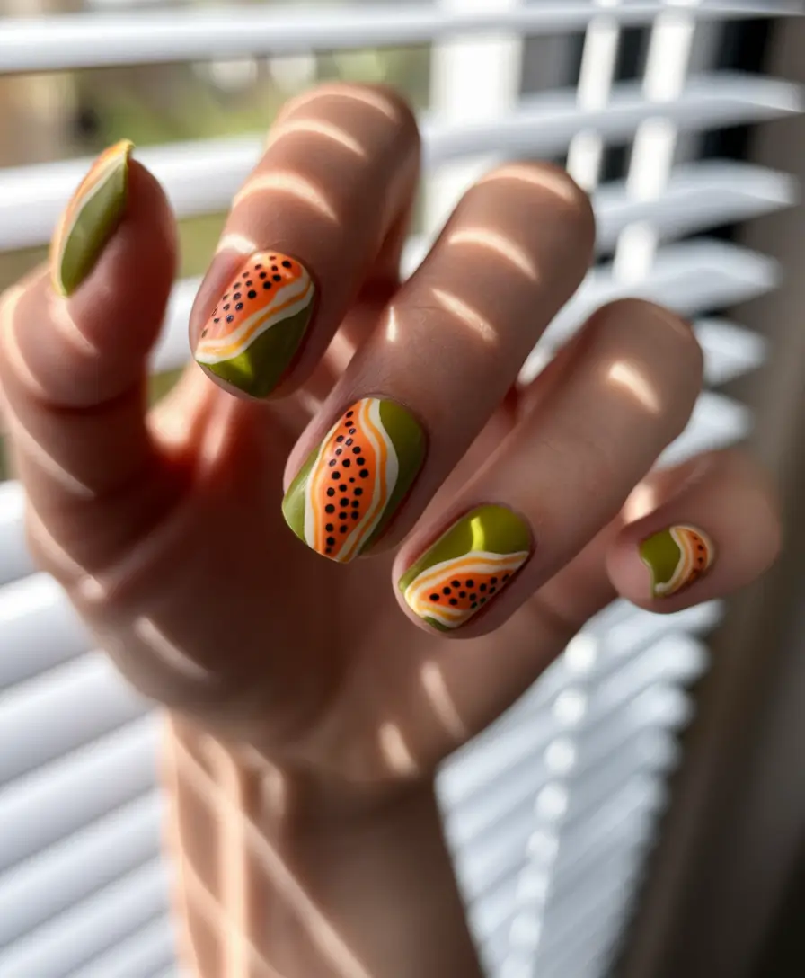end of summer nails ideas 2025 Juicy Papaya Nails With a Retro Edge