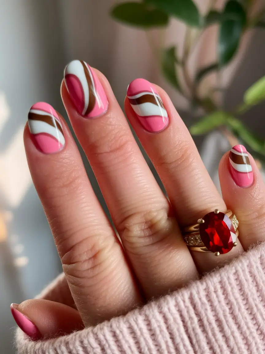end of summer nails ideas 2025 Sweet Swirls in Strawberry Milk & Cocoa