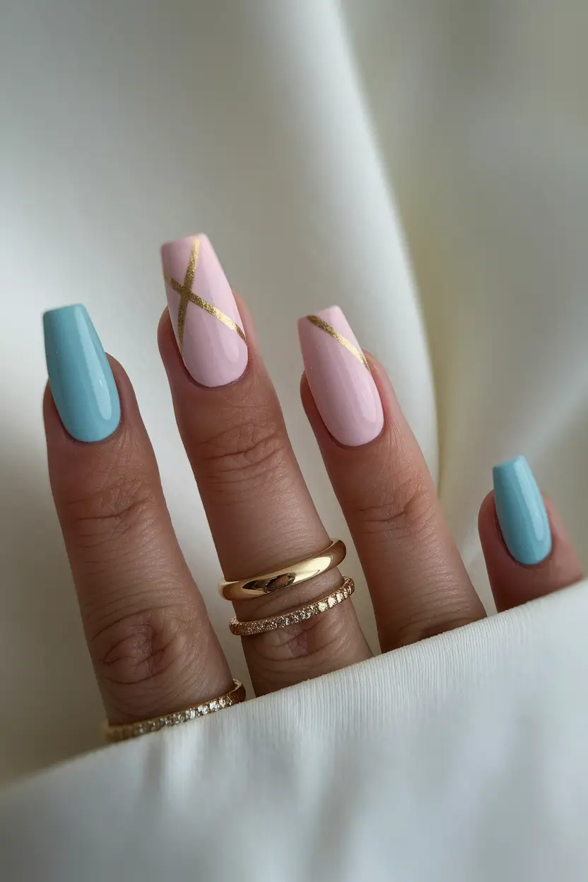 end of summer nails ideas 2025 Baby Blue & Pink Luxe Lines