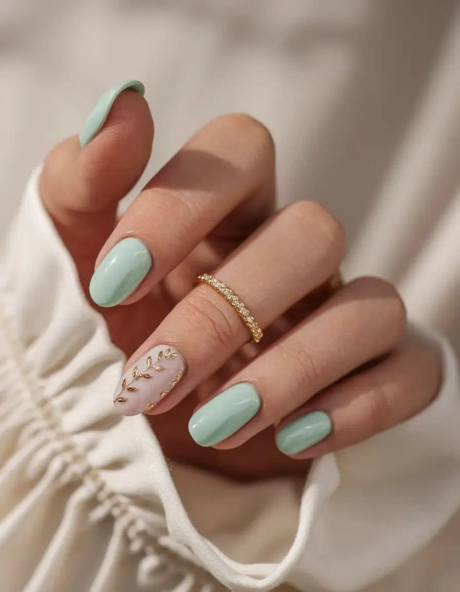 end of summer nails ideas 2025 Mint & Gold Leaf Harmony