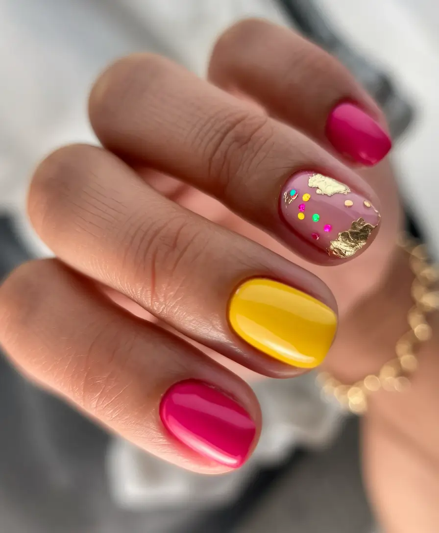 end of summer nails ideas 2025 Playful Color Pop with Gold Leaf Accents